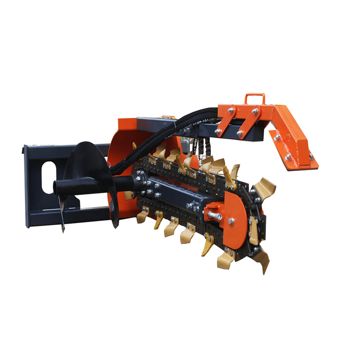 SIBOM Skid Steer Trencher, Side Discharge Auger, Hydraulic or Manual Side-Shift, Tungsten Teeth