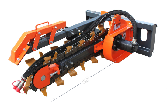 SIBOM Skid Steer Trencher, Side Discharge Auger, Hydraulic or Manual Side-Shift, Tungsten Teeth